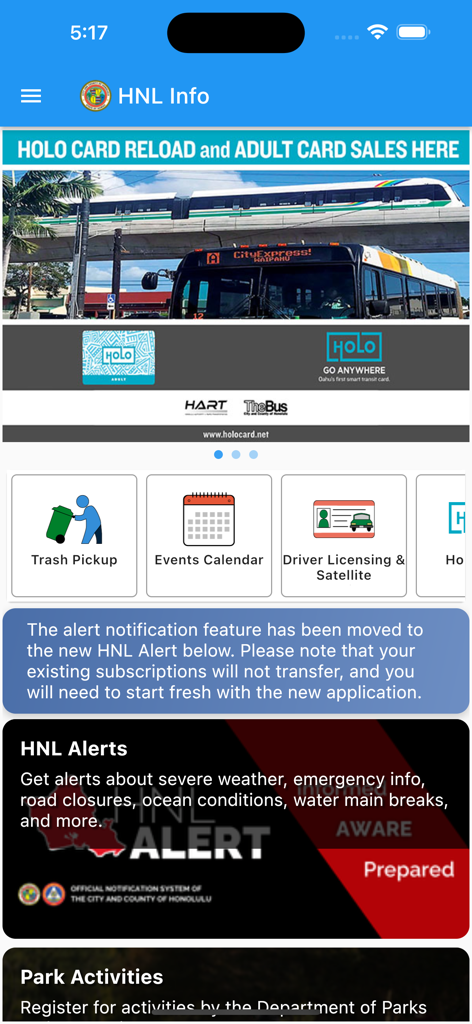 HNL Info - Dashboard of the HNL Info app showing public service icons and alert information for Honolulu residents
