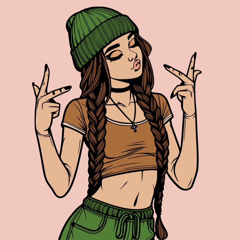 realistic teenage girl with braids and a beanie and crop top doing 🫶🏼