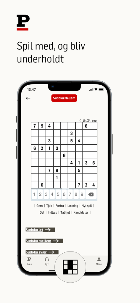 Uma interface de jogo Sudoku dentro do aplicativo de notícias dinamarquesas Politiken