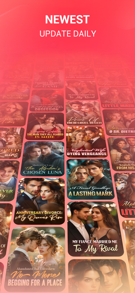 A collage of romantic book covers featuring daily story updates on the Novella app