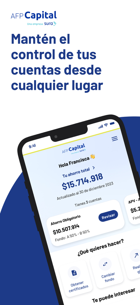 The Mi AFP Capital mobile app dashboard showing total savings and pension account details