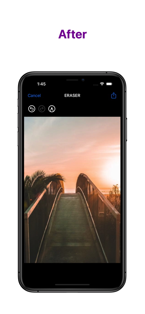 Eraser AIオブジェクトリムーバーで編集された夕焼け写真の最終結果を表示するiPhone。
