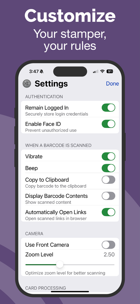 Settings screen of the Loopy Loyalty Stamper app showing customization options for authentication, barcode scanning, and camera controls.
