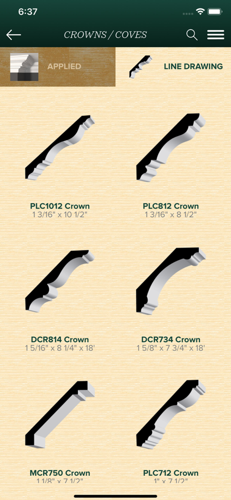 A digital catalog screen from the Garden State Lumber app showing various crown and cove moulding profile line drawings with product codes and dimensions.