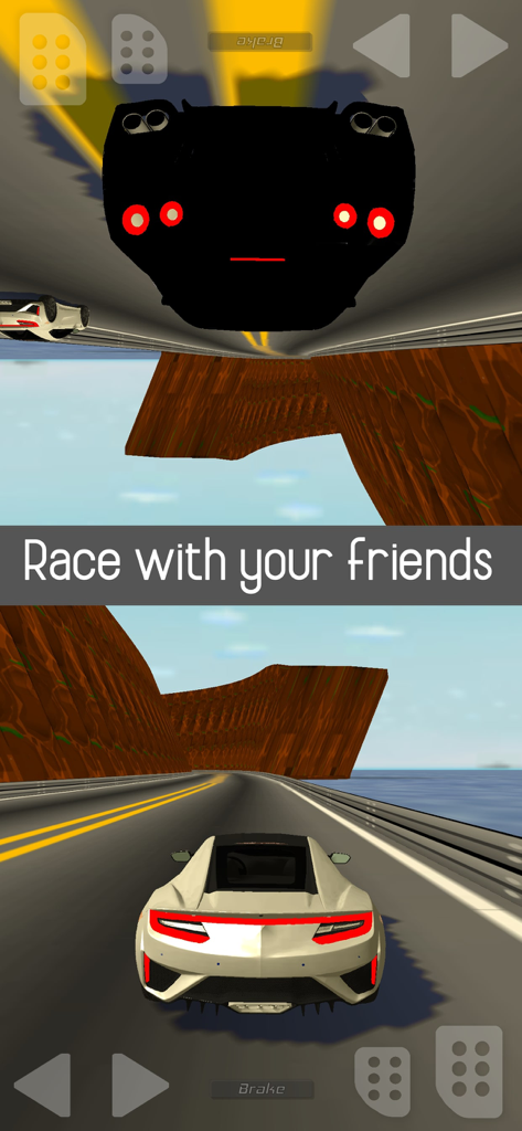 2 Player Racing 3D - Two player split screen racing game showing two cars on a 3D track for local multiplayer fun.