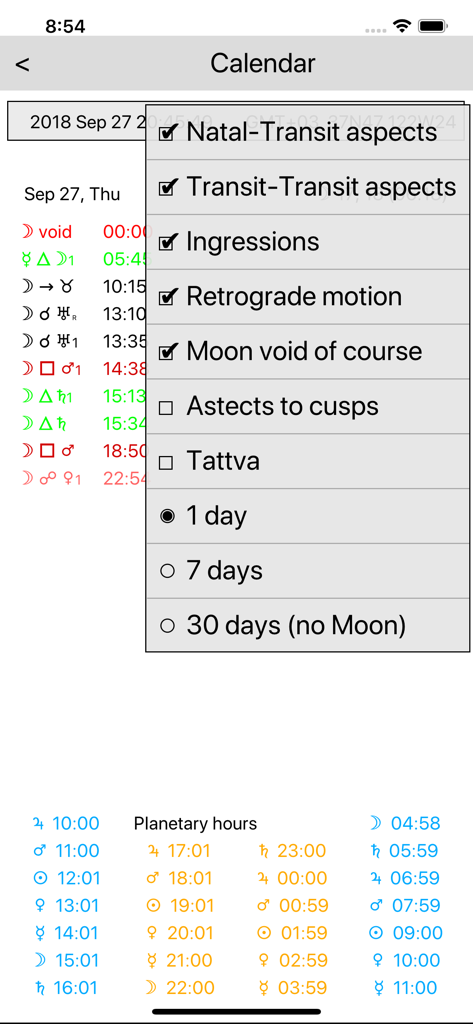 AstroVizor - AstroVizor astrological calendar view showing planetary aspects and planetary hours