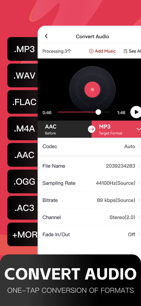 Audio Editor: MP3 Converter - Interface do conversor de áudio mostrando a conversão de AAC para MP3 com uma lista de formatos suportados como WAV FLAC e M4A