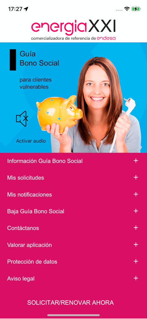 Pantalla de inicio de la app EnergíaXXI Guia Bono Social mostrando el menú principal para solicitudes de descuento energético