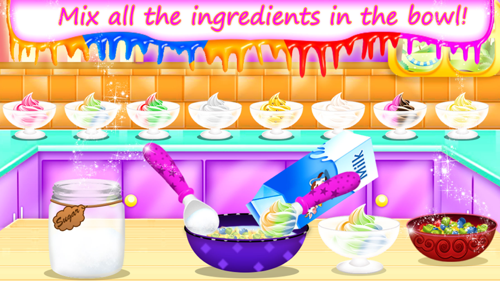 My Frozen Milkshake Party - フローズンミルクシェイクを作るために、ミキシングボウルに牛乳が注がれているデジタルキッチン画面