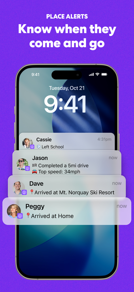 Notifications Life360 sur iPhone affichant la position des membres de la famille et les mises à jour de conduite