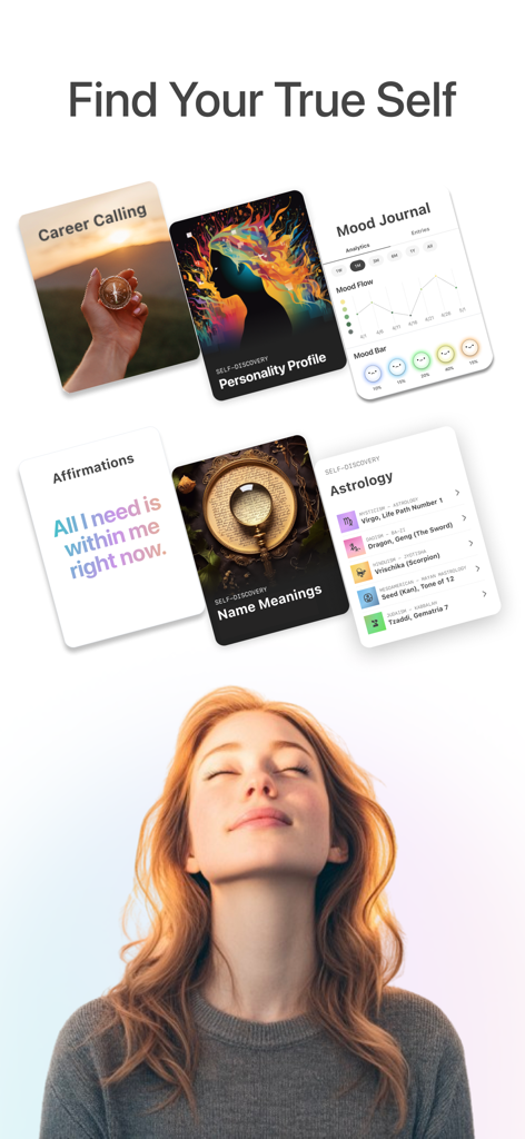 Sol - Grow Your Inner Light - A peaceful woman with eyes closed below cards showcasing self-discovery features like Astrology, Mood Journal, and Personality Profile.