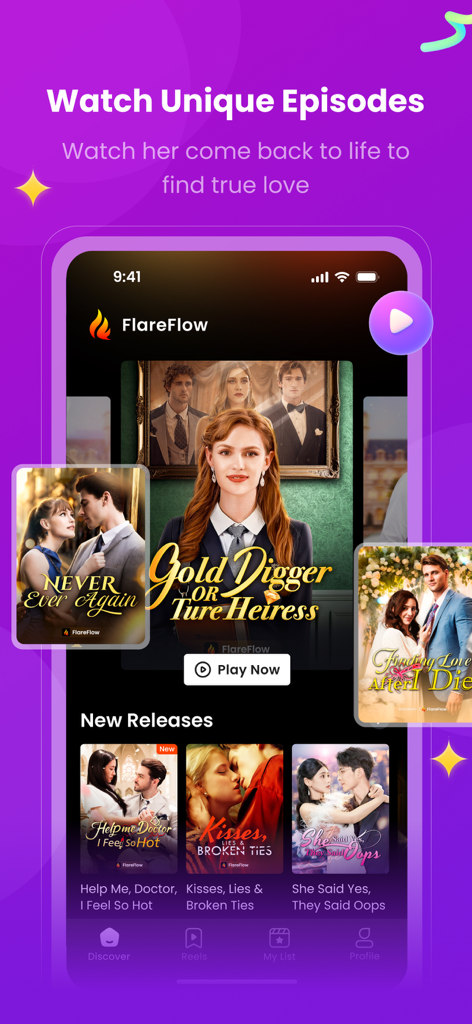 FlareFlow - Un écran mobile montrant l'interface de l'application FlareFlow avec diverses affiches de films dramatiques courts
