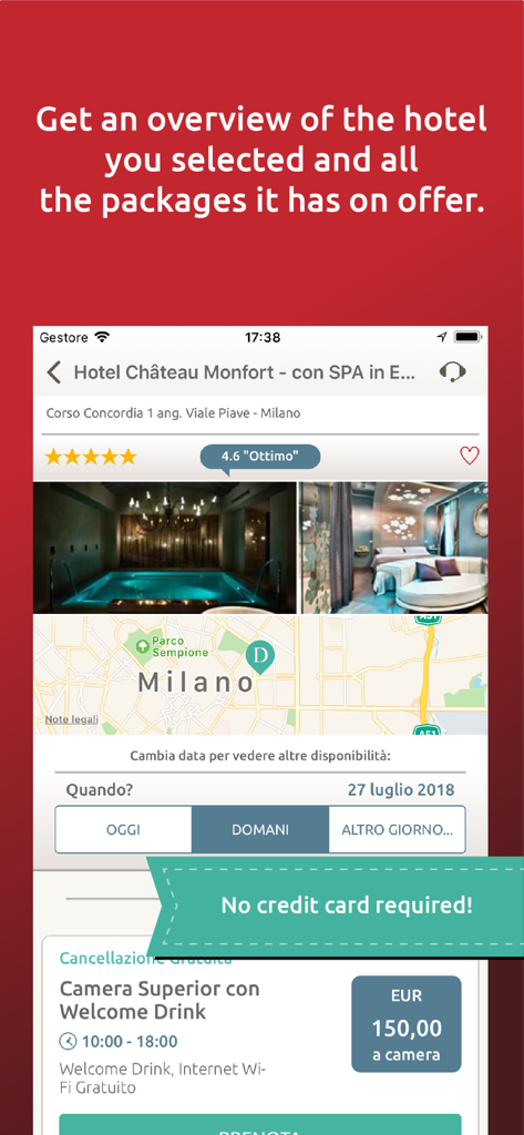DayBreakHotels - Schermata dell'app DayBreakHotels che mostra una panoramica di hotel di lusso con pacchetti spa e camere giornaliere.