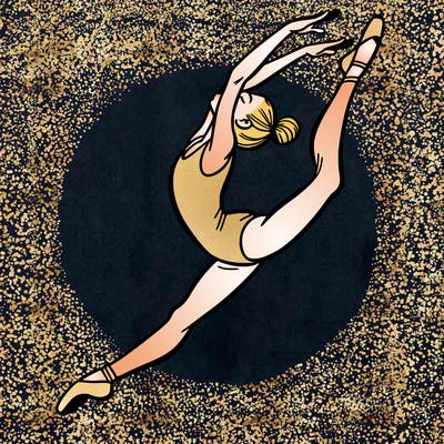 gymnast doing a leap in a leotard with a bent back leg