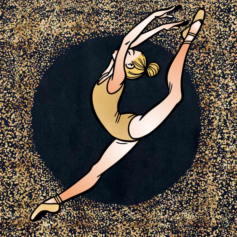 gymnast doing a leap in a leotard with a bent back leg