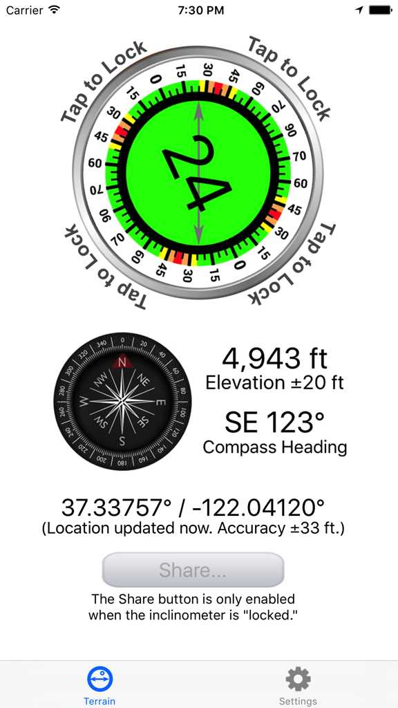 Avalanche Inclinometer - Avalanche Inclinometer app screen displaying a 24 degree slope angle elevation of 4943 feet and a compass heading