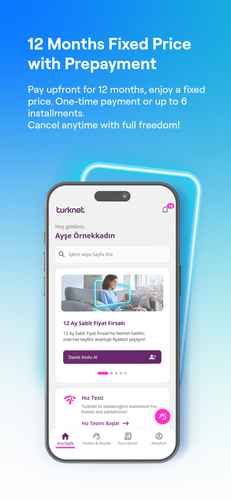 TurkNet mobile app interface showing a 12-month fixed price prepayment plan offer for internet services.