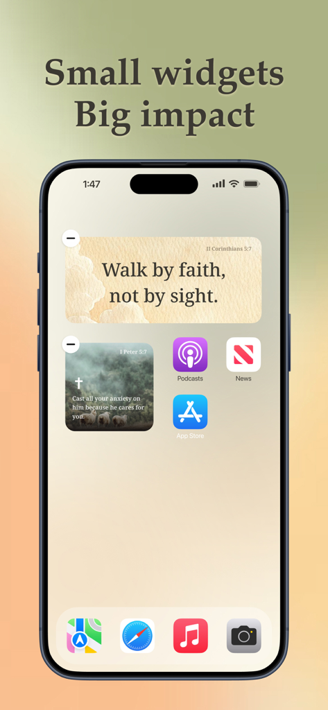 Bible Widget & Verse - Biblo - Pantalla de inicio de iPhone con widgets estéticos de versículos bíblicos.