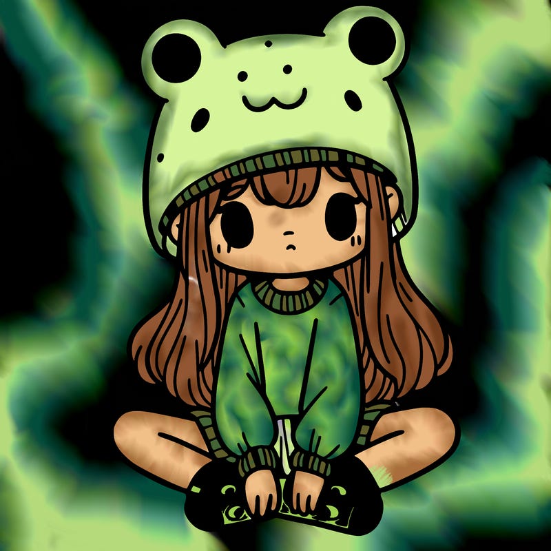 a girl wearing a frog hat and some frog socks