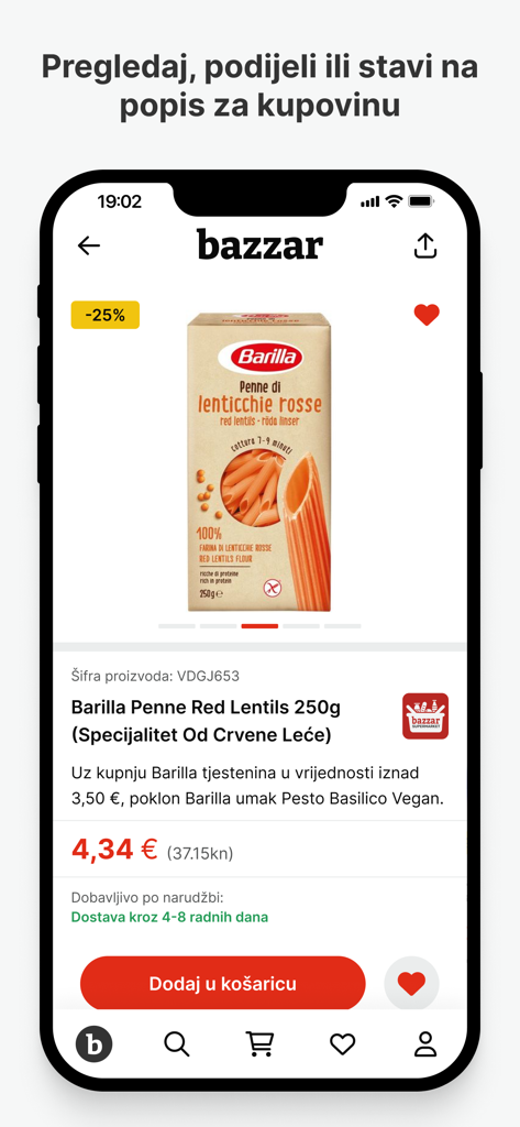 Bazzar Shop - Bazzar Shop mobile application interface showing a product page for Barilla Penne pasta