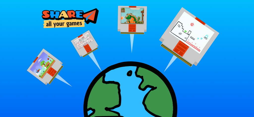 Draw Your Game Infinite - A cartoon globe with retro game cartridges popping out and a share all your games message