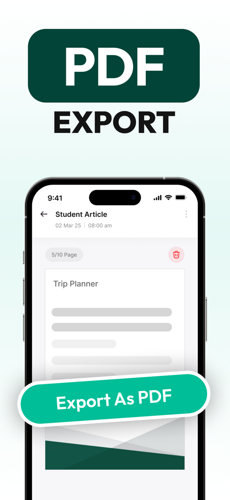CamSCAN PDF・Document Scanner - Interfaccia dell'app mobile CamSCAN che mostra l'opzione per esportare un documento scansionato come file PDF.