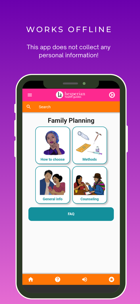 Family Planning - Home screen of the Family Planning app by Hesperian Health Guides showing menu options and data privacy message.