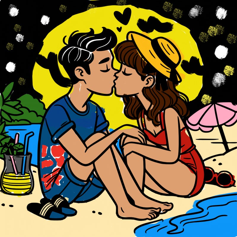 lovers sitting on the beach and kissing