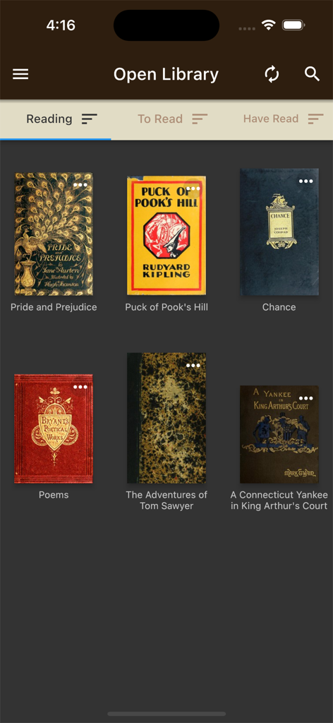 Digital bookshelf interface of the Open Library Reader app with classic book covers.