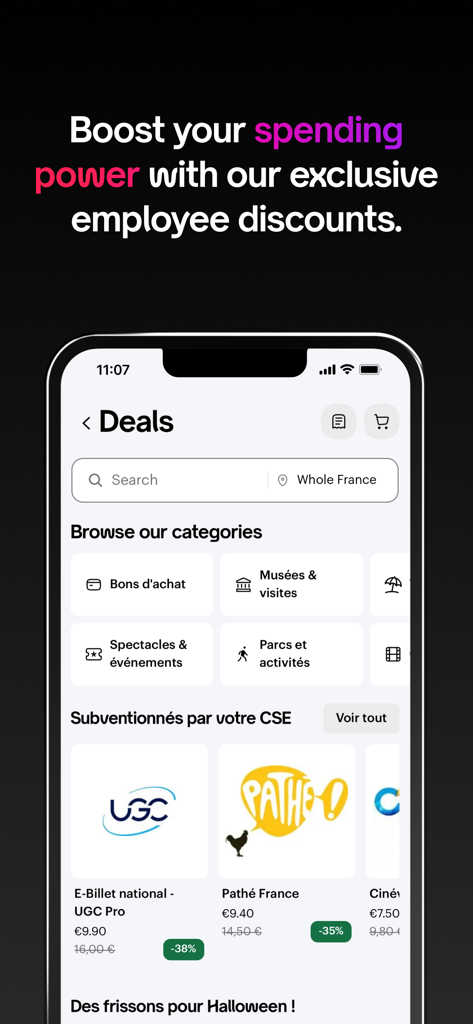 A smartphone screen displaying the Swile app Deals section which offers exclusive employee discounts and leisure vouchers