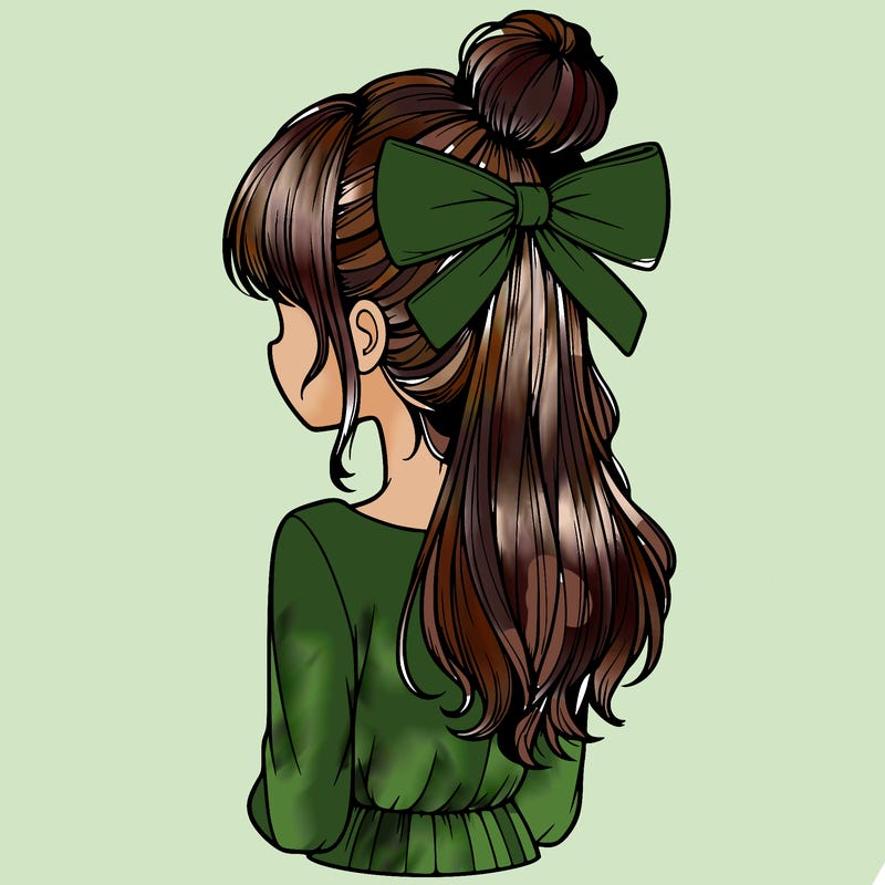 realistic girl  with hip length hair a bun and a big bow on the back of head
