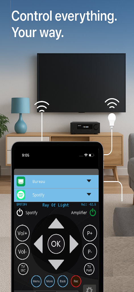 MyURemote - Universal Remote - Smartphone displaying the MyURemote app interface for home theater and smart home control