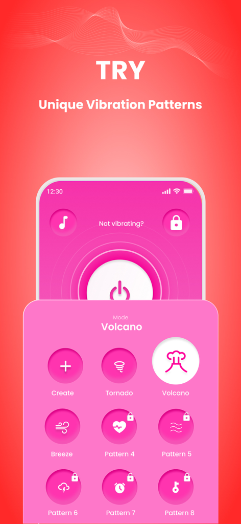 Mobile app interface displaying multiple vibration modes such as Volcano, Tornado, and Breeze for personalized massage