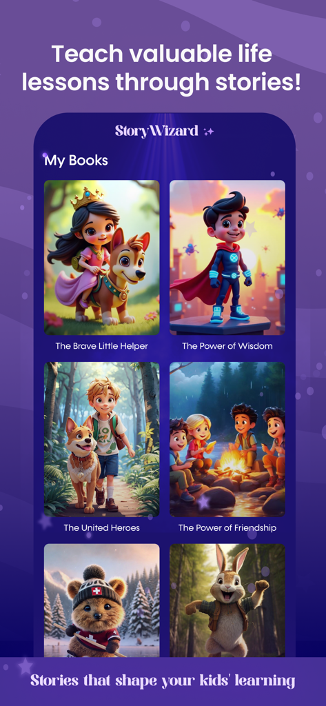 StoryWizard: Create Storybooks - Interface of the StoryWizard app showing a library of personalized children stories that teach life lessons