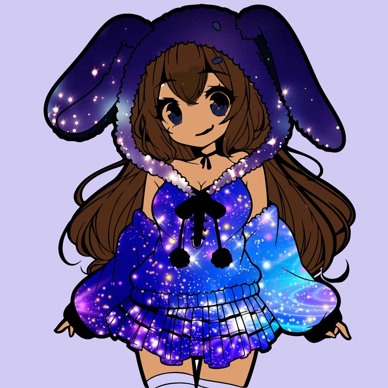 pretty anime girl wearing a fluffy hoodie with bunny ears on the hood and a skirt