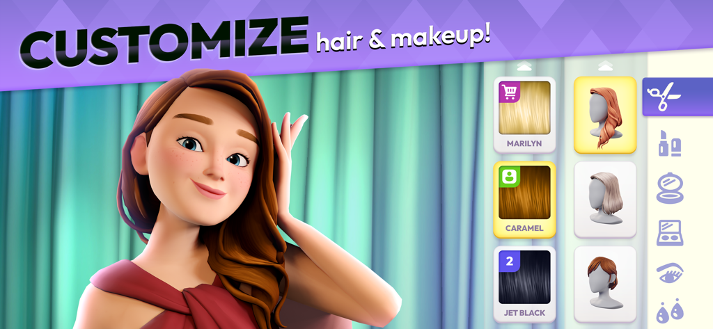 Makeover Match - Swap & Style - Uma personagem feminina em Makeover Match com opções para personalizar seu penteado e cor de cabelo