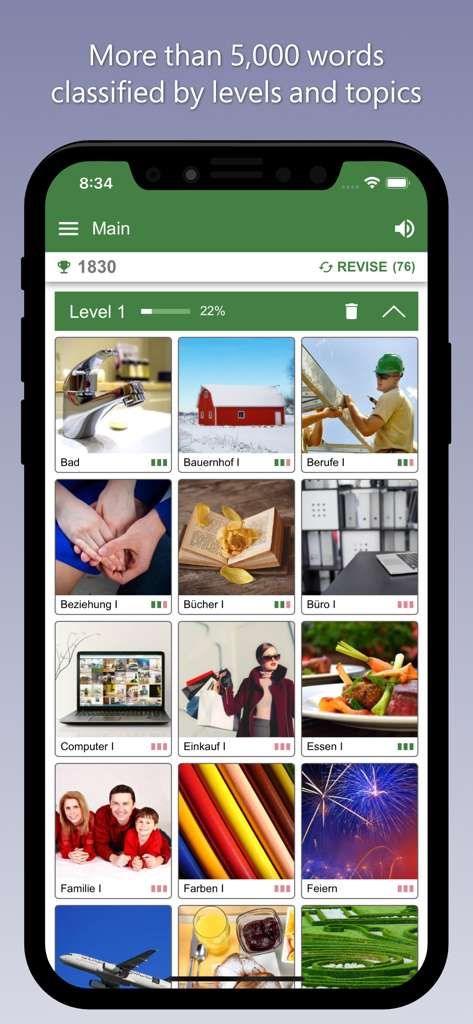 Die Bilinguae App-Oberfläche zeigt deutsche Vokabelkategorien wie Büro, Essen und Familie mit repräsentativen Fotos und Fortschrittsbalken an.