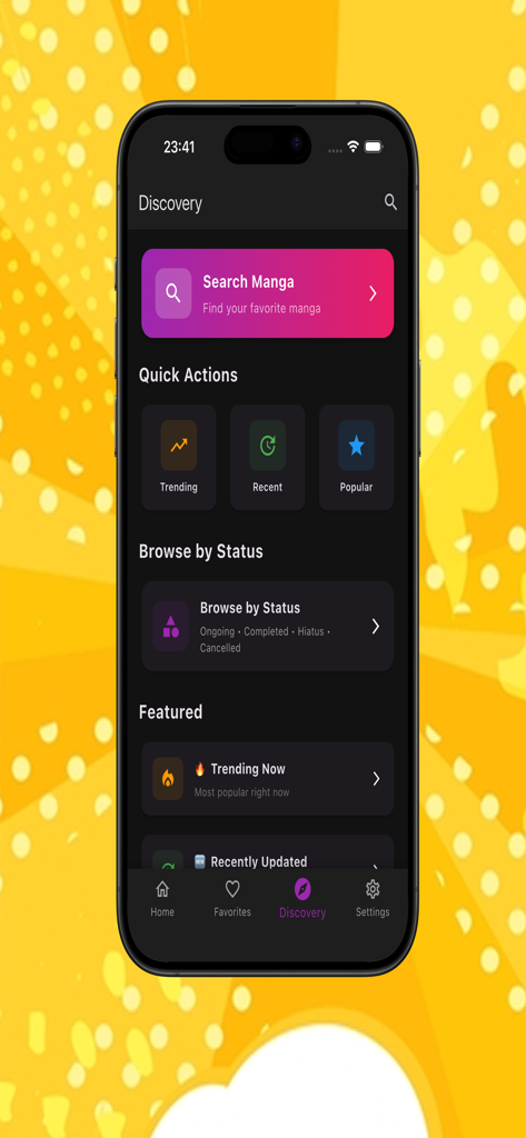 Romance Manga Galaxy: MangaDex - Discovery screen of the Romance Manga Galaxy app featuring search manga bar and trending categories in dark mode