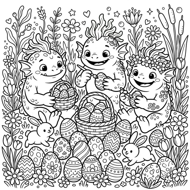 Join a trio of delightful river trolls as they celebrate Easter amidst spring blossoms and decorated eggs. This charming coloring page is perfect for a whimsical holiday activity.