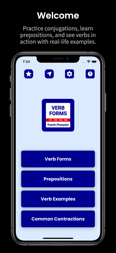 Der Startbildschirm der App Learn French Verb Forms zeigt Optionen für Verbformen, Präpositionen, Verb-Beispiele und gängige Kontraktionen