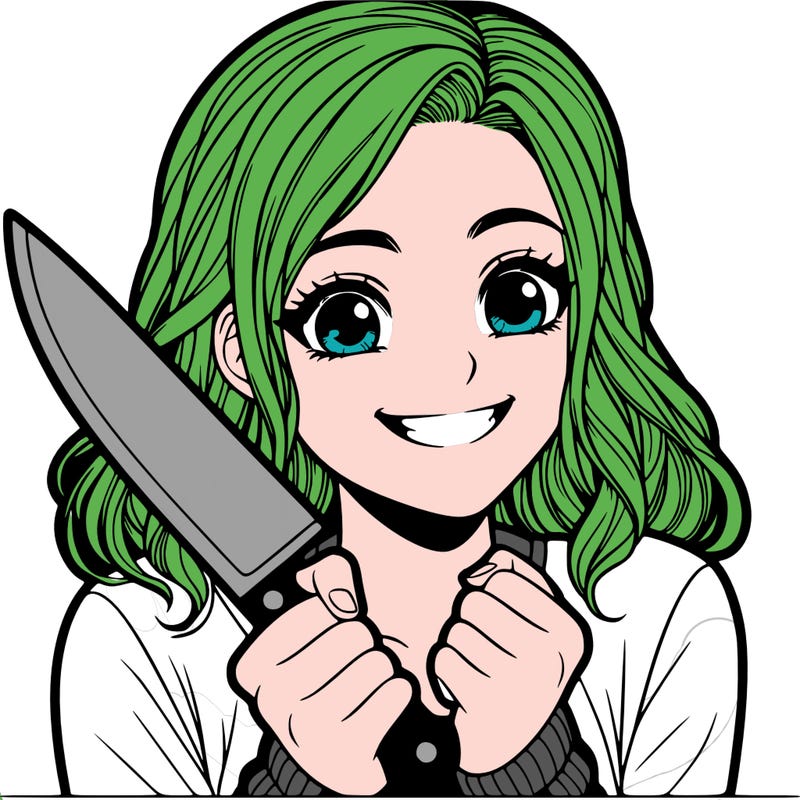 a realistic girl holding a knife and grinning
