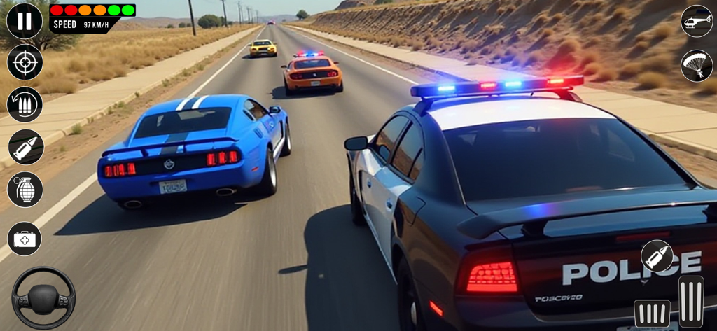 Police Car Games - Police Game - A police car pursuing a blue sports car on a highway in a simulator game