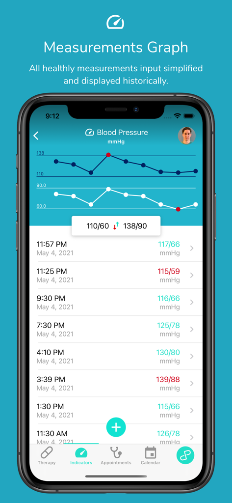 HealthLy: Therapy & Health - HealthLy app showing a historical blood pressure measurement graph and log list