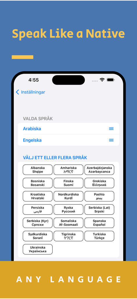 Lexin Offline - Pantalla de la aplicación móvil Lexin Offline que muestra un menú para seleccionar varios idiomas, incluyendo árabe, inglés, finés y español para la traducción al sueco.