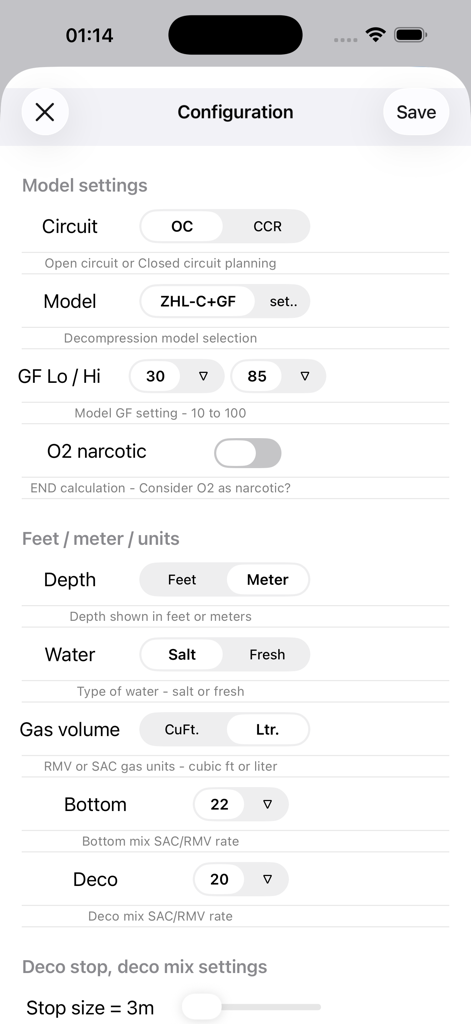 MultiDeco - Technical diving configuration screen in the MultiDeco app with options for decompression models and gas volume settings