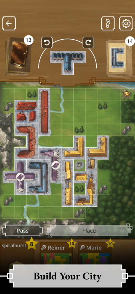 My City by Reiner Knizia - Digital adaptation of My City board game showing tile placement on a grid map