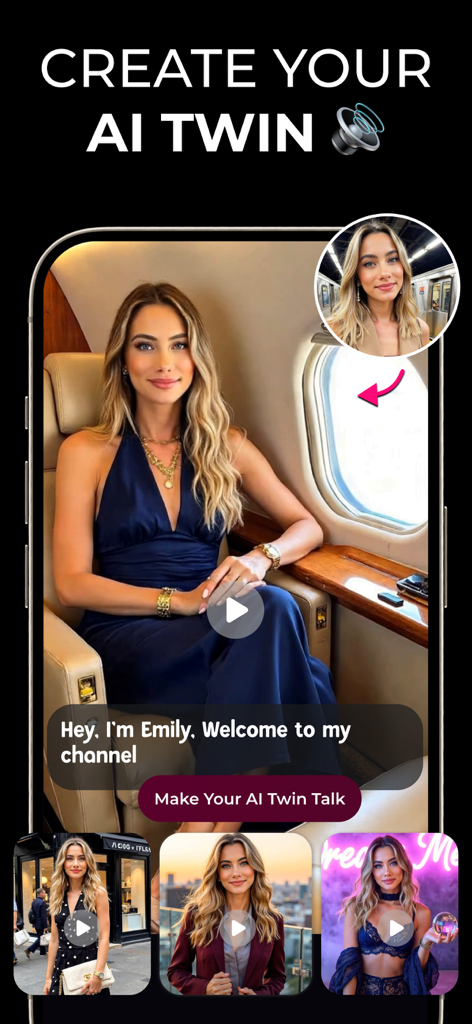 ImaginAI - AI Art & Video - 개인 비행기에서 이야기하는 AI 트윈 여성의 모습을 보여주는 ImaginAI 앱의 스마트폰 화면