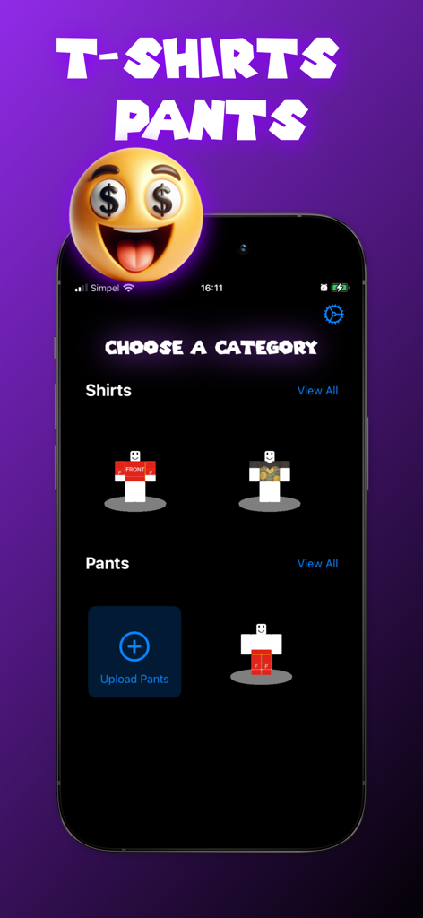 Oberfläche der Roblox-Skin-Maker-App, die Kategorien zum Entwerfen von Hemden und Hosen zeigt.