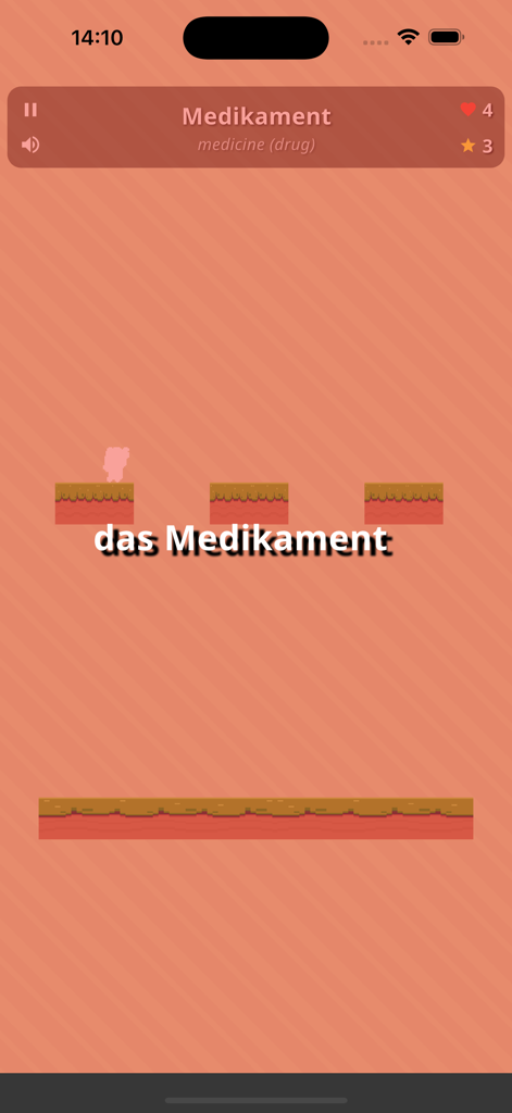 Word Climb - German Articles - Retro pixel art gameplay of Word Climb showing German noun Medikament and its article das