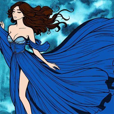 realistic woman in dress flowing the the wind